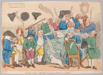 Lékárníci, Taylorové aj. dobývající Francii a Španělsko, hospoda. 1779 (ručně kolorovaná rytina)