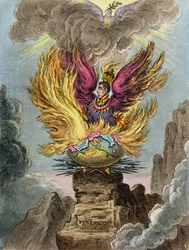 Apotheosis of the Corsic Phoenix, publikovala Hannah Humphrey v roce 1808 (ručně kolorovaný lept)