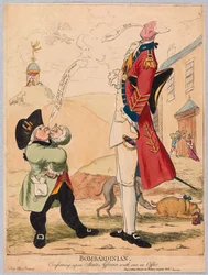Bombardin, jednající o státních záležitostech s jedním v kanceláři, hospoda. 1779 (ručně kolorovaná rytina)