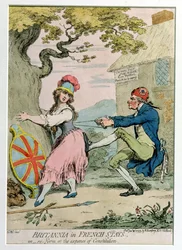 Britannia in French Stays, aneb Re-Form at the Expense of Constitution, publikovala Hannah Humphrey v roce 1793 (ručně kolorovaný lept)
