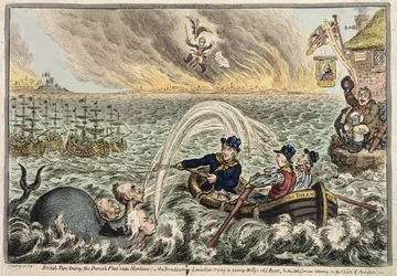 Britští dehťáci táhnoucí dánskou flotilu do přístavu nebo The Broadbottom Leviathan snažící se zaplavit Billyho starou loď a malého Korsičana potácejícího se na Clouds of Ambition, 1807 (ručně kolorovaný lept