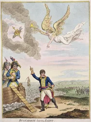 Buonaparte opouštějící Egypt, publikovala Hannah Humphrey v roce 1800 (ručně kolorovaný lept)