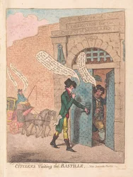 Občané na návštěvě Bastily, hospoda. 1799 (ručně kolorovaná rytina)