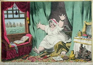Dido in Despair, vydala Hannah Humphrey, 1801 (ručně kolorovaná rytina)