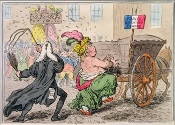 Disciplína a la Kenyon, vydala Hannah Humphrey v roce 1797 (ručně kolorovaný lept)