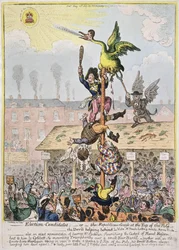 Volební kandidát aneb Republikánská husa na vrcholu pólu, kterou vydala Hannah Humphrey v roce 1807 (ručně kolorovaný lept)