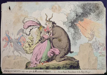 Kouzla nedávno viděná na hoře Walesu nebo Shon-ap-Morganovo Smíření s princeznou víly, vydané Hannah Humphrey v roce 1796 (ručně kolorovaný lept)