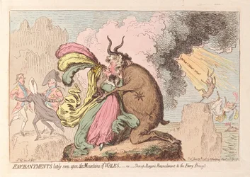 Kouzla v poslední době viděná v horách Walesu nebo Shon-ap Morgans Usmíření s princeznou víly, hospoda. 1796 (ručně kolorovaná rytina)