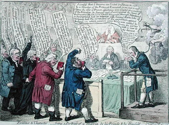 Evidence to Character: Bytí, Portrét zrádce, jeho přáteli a jím samotným, publikoval J. Wright pro „Anti-Jacobin Review“ v roce 1798 (ručně kolorovaný lept)