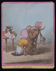 Fast Asleep, publikoval Hannah Humphrey v roce 1806 (ručně kolorovaný lept) (viz také 189789)