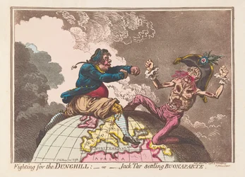 Boj o Dunghill aneb Jack Tar usazující se Buonaparte, hospoda. 1798 (ručně kolorovaná rytina)