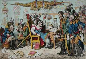 Francouzští generálové odcházejí kvůli svému zdraví do důchodu s Lepauxem předsedajícím ředitelské výdejně, kterou vydala Hannah Humphrey v roce 1799 (ručně kolorovaný lept)