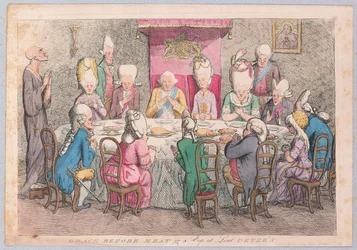 Grace before Meat or a Peep at Lord Peters, pub. 1779 (ručně kolorovaná rytina)