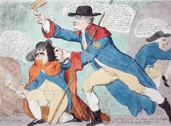 Guy Vaux objevený při pokusu zničit krále a Sněmovnu lordů, publikovala Hannah Humphrey v roce 1791 (ručně kolorovaný lept)