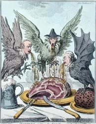 Harpyes Destroying the Feast, vydané Hannah Humphrey v roce 1799 (ručně kolorovaný lept)