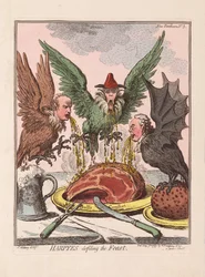 Harpyje znesvěcující svátek, hospoda. 1799 (ručně kolorovaná rytina)