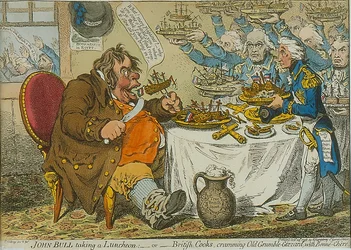 John Bull Taking a Luncheon, 1798 (barevný lept)