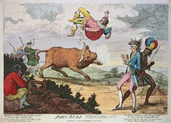 John Bull Triumphant, publikoval William Humphrey, 4. ledna 1780 (barevná litografie)