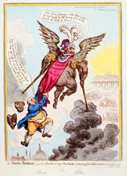 Le Diable-Boiteux aneb Ďábel na dvou tyčích přenášející Johna Bulla do země zaslíbené, publikovala Hannah Humphrey v roce 1806 (ručně kolorovaný lept)