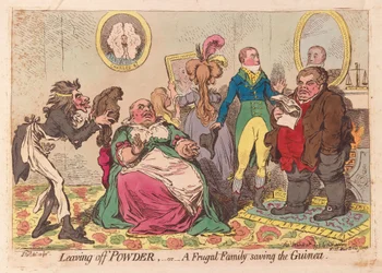 Leaving off Powder, or a Frugal Family Saving the Guinea, pub. 1795 (ručně kolorovaná rytina)