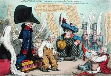 Lilliputian-Substitutes, Equipping for Public Service, publikovala Hannah Humphrey v roce 1801 (ručně kolorovaný lept)