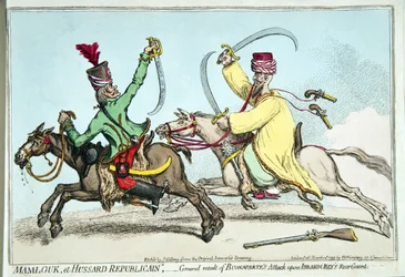 Mamlouk et Hussard Republicain, aneb Obecný výsledek Bonapartova útoku na zadní gardu Ibrahima Beye, vydané Hannah Humphrey v roce 1799 (ručně kolorovaný lept)