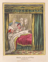 Matins and D-wn-ng College, Cambridge, pub. 1810 (ručně kolorovaná rytina)