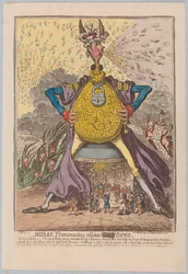Midas, Transmuting all into [Gold] Paper, pub. 1797 (ručně kolorovaná rytina)