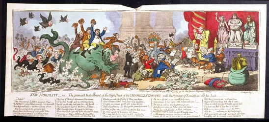 Nová morálka aneb Slíbená splátka velekněze teofilantropů, vydaná J. Wrightem v roce 1798 (ručně kolorovaný lept)