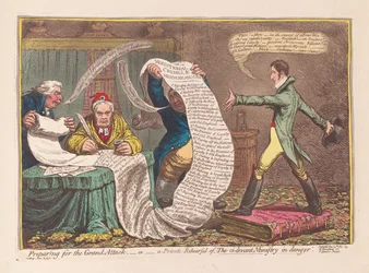 Příprava na Grand Attack aneb Soukromá zkouška The ci-devant Ministry in Danger, pub. 1801 (ručně kolorovaná rytina)