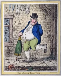 Sad Sloppy Weather, vydané Hannah Humphrey v roce 1808 (ručně kolorovaný lept)