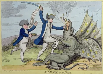 St. George and the Dragon, vydal Hannah Humphrey v roce 1782 (ručně kolorovaný lept)