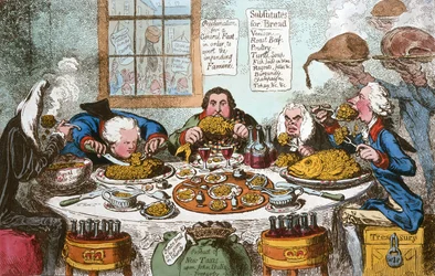 Substitutes for Bread, or Right Honourables Saving the Loaves  Dividing the Fishes (Náhražky chleba aneb Praví ctihodní zachraňují chleby a dělí ryby), vydala Hannah Humphrey v roce 1795 (ručně kolorovaný lept)