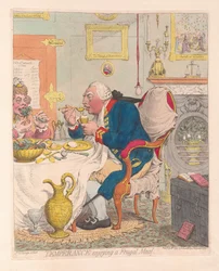 Temeprance si užívá Frugal Meal, hospoda. 1792 (ručně kolorovaná rytina)