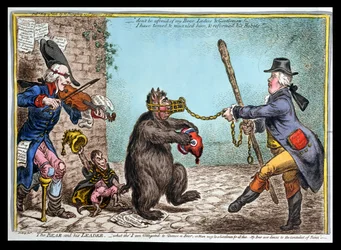 Medvěd a jeho vůdce, vydané Hannah Humphrey v roce 1806 (ručně kolorovaný lept)