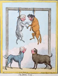 Psí daň, kterou vydala Hannah Humphrey v roce 1796 (ručně kolorovaný lept)