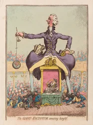 Giant Factotum se baví, hospoda. 1797 (ručně kolorovaná rytina)