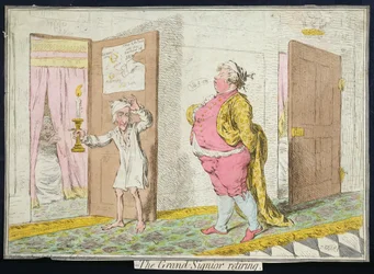 Velmistr odchází do důchodu, vydala Hannah Humphrey v roce 1796 (ručně kolorovaný lept)