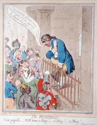 The Hustings, vydané Hannah Humphrey v roce 1796 (ručně kolorovaný lept)