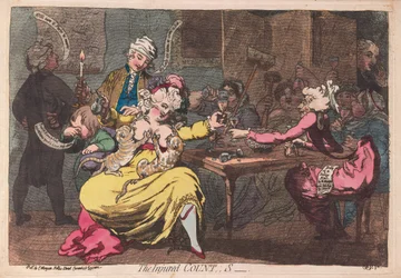 Zraněný hrabě,,,S, hospoda. 1786 (ručně kolorovaná rytina)