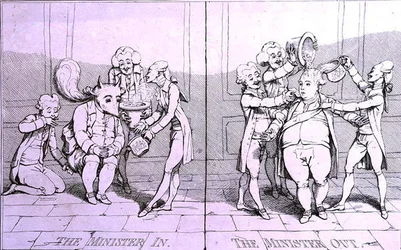 The Minister In - The Minister Out, publikoval William Humphrey v roce 1782 (lept)