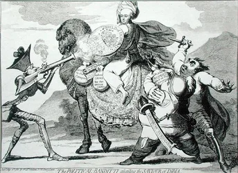 The Political Banditti Assailing the Saviour of India, publikoval W. Holland v roce 1786 (lept)