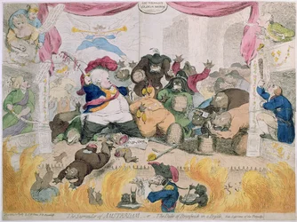 Kapitulace Amsterdamu aneb vévoda brunšvický (1771-1815) v poprsí, vydal S. W. Fores v roce 1787 (ručně kolorovaný lept)