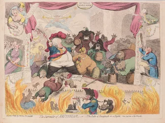 The Surrender of Amsterdam aneb The Duke of Brunswick in a Ruch, pub. 1787 (ručně kolorovaná rytina)