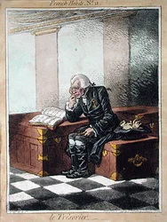Pokladník, deska 11 z knihy "Francouzské zvyky" vydané Hannah Humphreyovou v roce 1798 (kolorovaný lept)