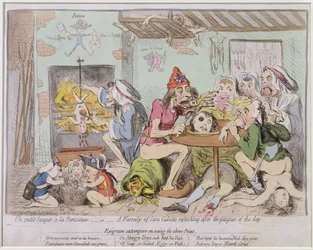 Un Petit Souper a la Parisienne, aneb Rodina Sans-Culottes se občerstvuje po únavě dne, vydala Hannah Humphrey v roce 1792 (ručně kolorovaný lept)
