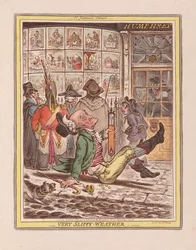 Velmi kluzké počasí, hospoda. 1808 (ručně kolorovaná rytina)