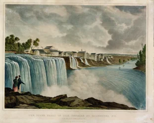 Upper Falls of the Genesee v Rochesteru, New York, rytina J. Bufforda (1810-70) (barevná rytina)
