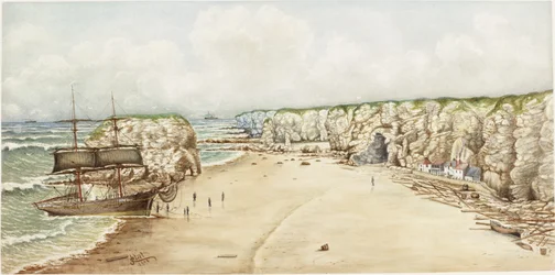 Brig na mělčinu v Marsden Rock (akvarel, tělová barva a tužka na papíře na kartičce))