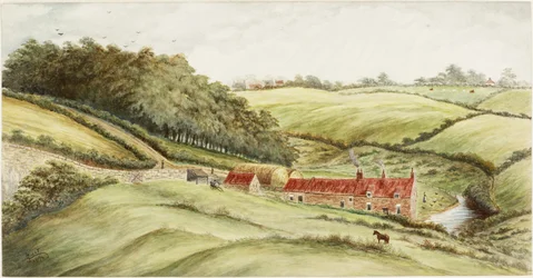 Hedworth Farm (akvarel, tělová barva a tužka na papíře)